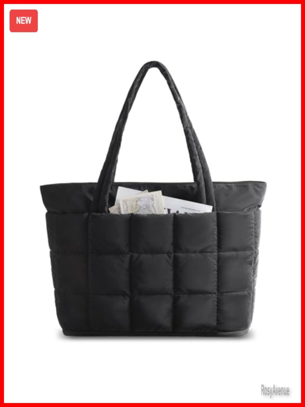 Quilted Puffer Tote Bag with Zipper, Expandable, Lightweight, Water-Resistant,